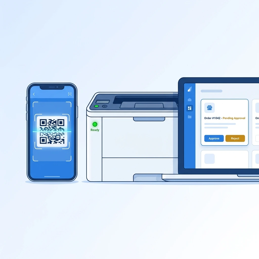 A phone, printer and order dashboard illustrating the SNP Print workflow